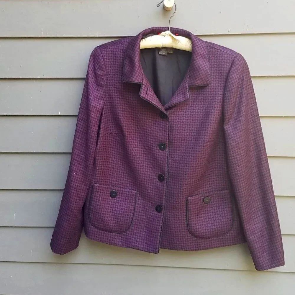 Nina McLemore Purple Black Houndstooth Virgin Wool Blazer Size 14